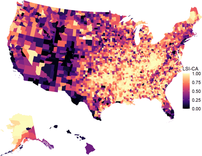 A map of the Local Social Inequity in Cancer Mortality ranked percent tile scores