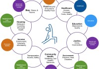 Conceptual model includes 10 domains: healthcare access, coverage, costs, and quality; educational attainment and quality; community health, wellbeing, and healthy behaviors; bias, stress, and trauma; justice, crime, and incarceration; food security and access to healthy food; poverty, inequality, and employment; housing adequacy, crowding, and structural health; environmental quality; and transportation access, infrastructure, and safety