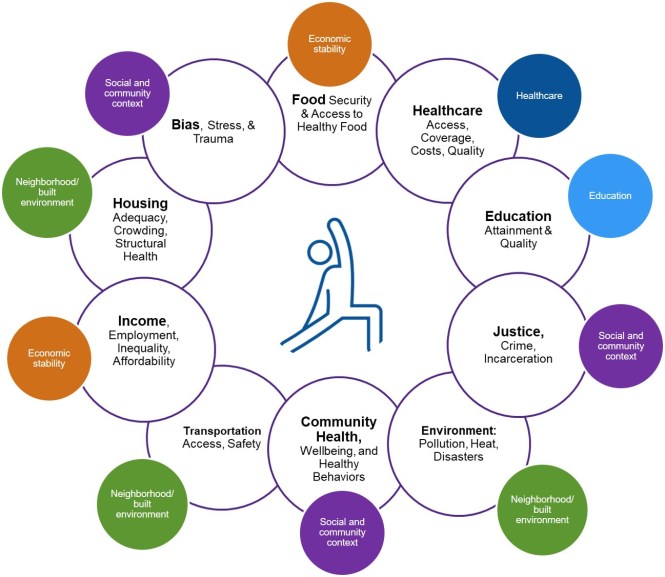 Conceptual model includes 10 domains: healthcare access, coverage, costs, and quality; educational attainment and quality; community health, wellbeing, and healthy behaviors; bias, stress, and trauma; justice, crime, and incarceration; food security and access to healthy food; poverty, inequality, and employment; housing adequacy, crowding, and structural health; environmental quality; and transportation access, infrastructure, and safety