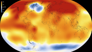 Image of a global map with thermal changes. Showing a majority of red, orange, and yellow overlaid across the globe where average temperatures have risen. 