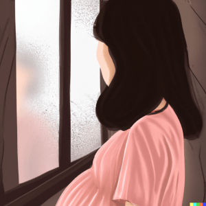 Image of a pregnant person looking out a window, created by DALL-E 2