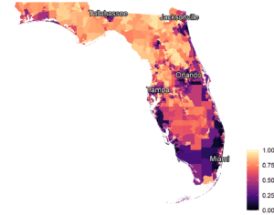 Maps of Florida showing Local Social Inequity in Life Expectancy scores for the July 2023 podcast