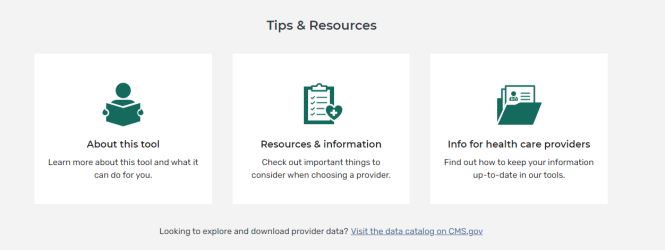 Tips & Resources Section on Care Compare Home Page