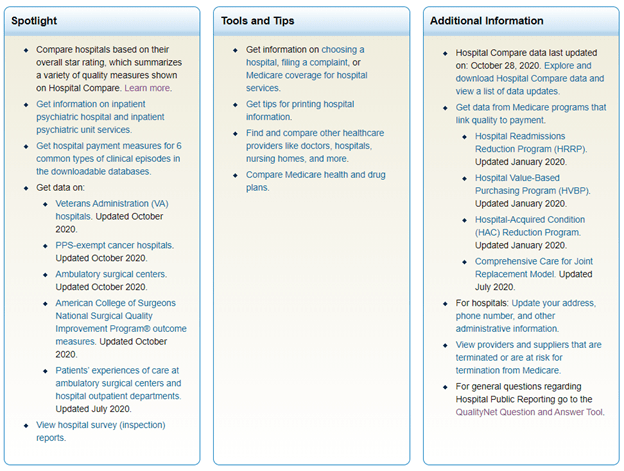 Spotlight, Tools & Tips, and Additional Information Sections on Hospital Compare Home Page