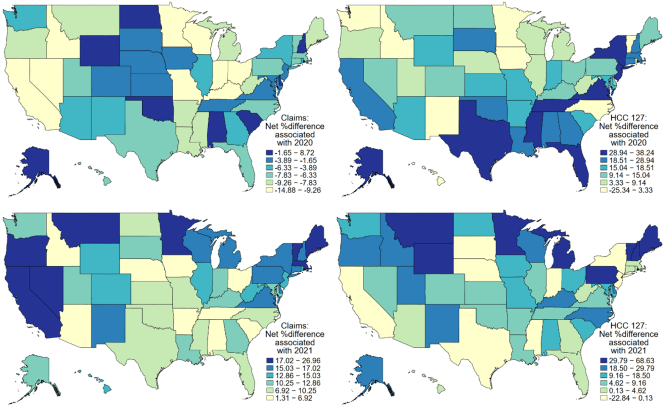 maps showing changes in costs by state (left) and prevalence of ARDS (right)