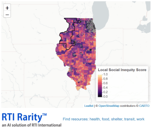 Map of Local Social Inequity scores in Illinois, created by the RTI Rarity project