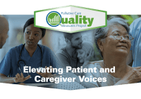 On the left, a nurse speaks to a male patient. In the center, a young man hugs a woman. On the right, an older woman holding the hand of a man behind her. A banner across the top says, "Palliative Care Quality Measures Project." Text across the bottom reads, "Elevating Patient and Caregiver Voices."