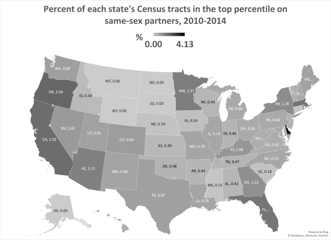 A map of the US showing queer hotspots