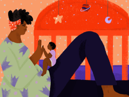 An illustration of a dark skinned woman balancing a dark skinned baby on her thighs. The illustration is used in a blog exploring a parent perspective of birth equity