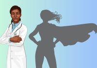 Black woman in doctor's coat, with shadow of a superhero