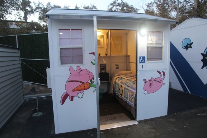 A tiny home at the Tiny Home Village in Highland Park, Los Angeles