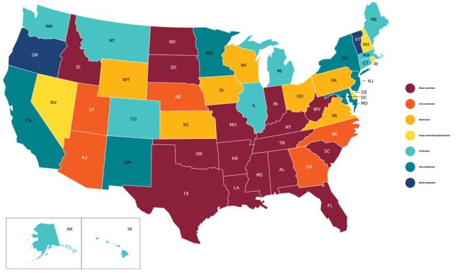 A map of the US showing the range of abortion restrictions as of May 2024 from the Guttmacher Institute