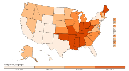 Rate of Cancer Deaths in the United States, 2014-2018