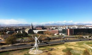 A view of the mountains and sculpture park near the Denver Convention Center