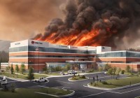 AI-generated illustration of a hospital w/ a wildfire in the background